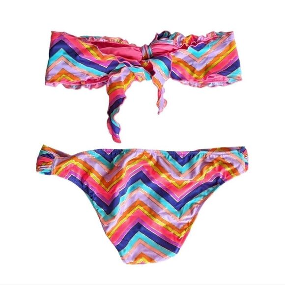 Victoria's Secret Y2K Vintage Rainbow Foil Ruffle Chevron Stripe Bikini Set NWOT - Picture 5 of 10